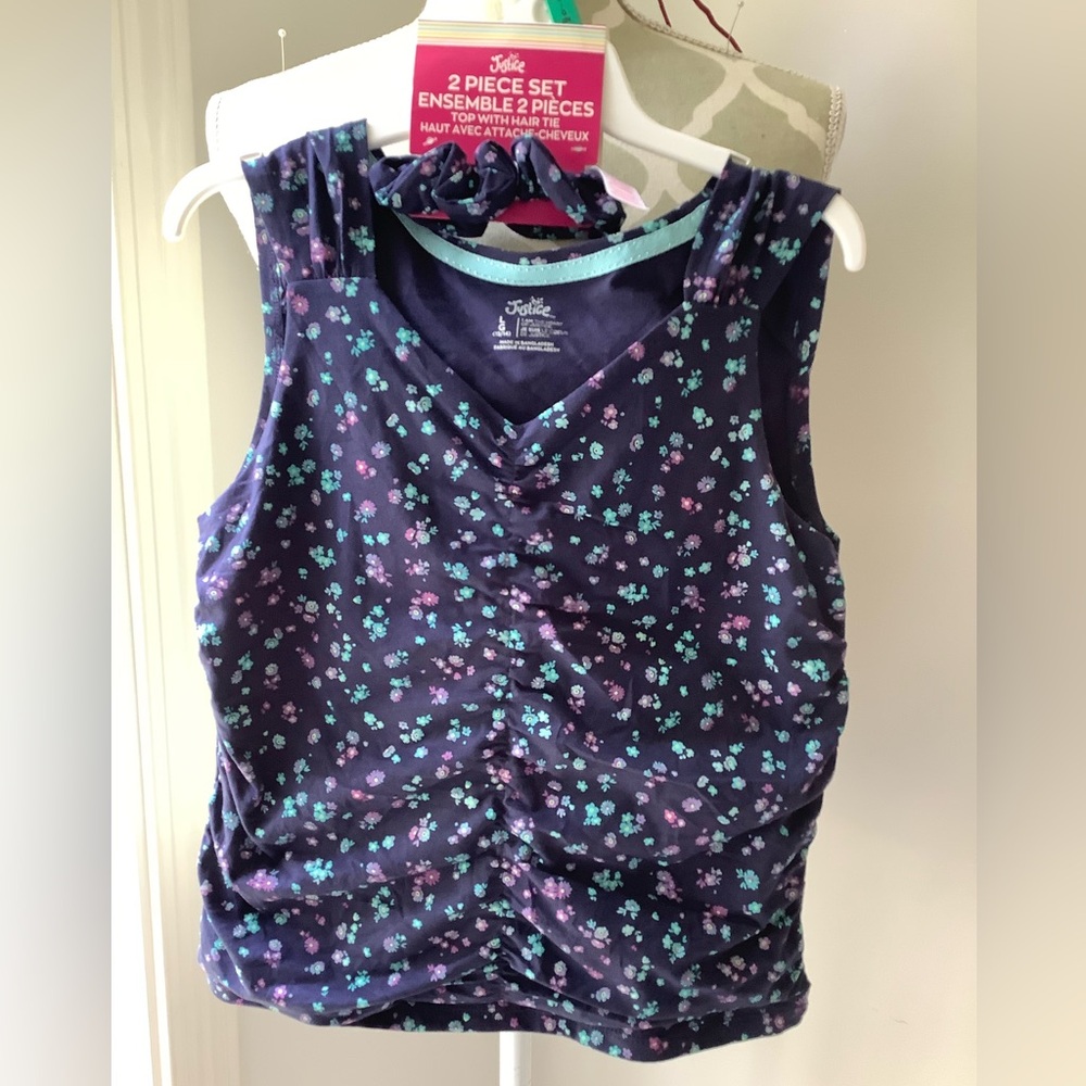 Justice Blue and Pink Floral Tank Top with Ruched Sides